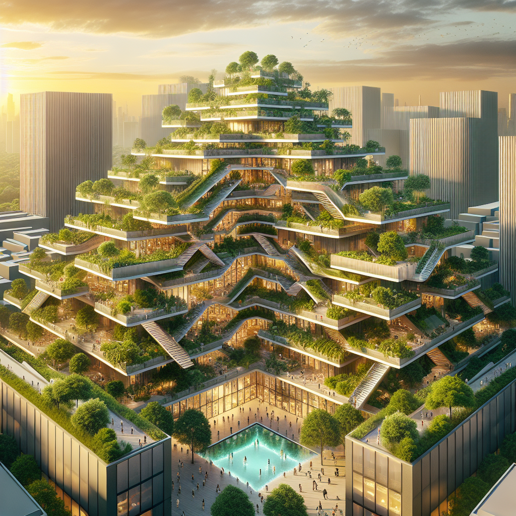 Hyperrealistic futuristic ziggurat-style terraced housing complex with lush greenery, sustainable design, and golden hour urban skyline.