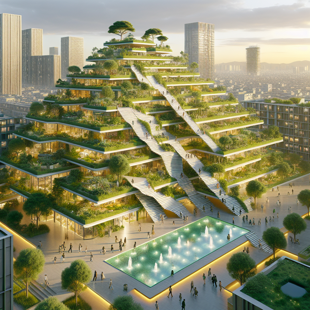 Hyperrealistic futuristic ziggurat-style terraced housing complex with lush greenery, sustainable design, and golden hour urban skyline.