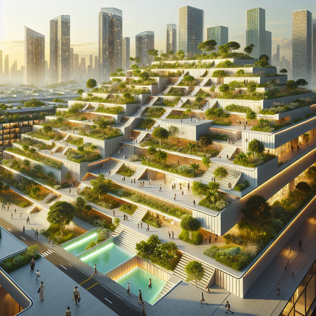 Hyperrealistic futuristic ziggurat-style terraced housing complex with lush greenery, sustainable design, and golden hour urban skyline.