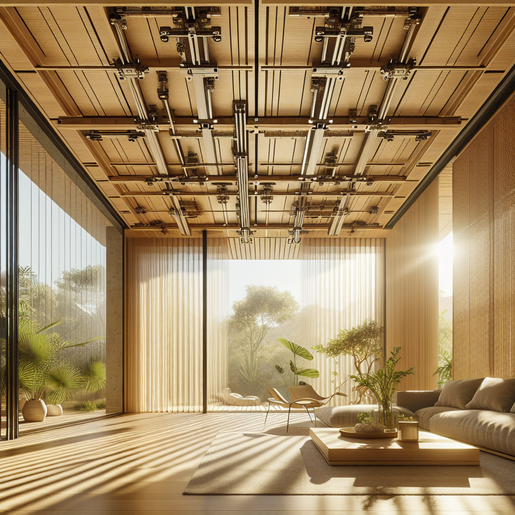 Hyperrealistic sustainable interior with pivot-hinged bamboo ceiling panels, warm sunlight, natural textures, and modern eco-friendly design.