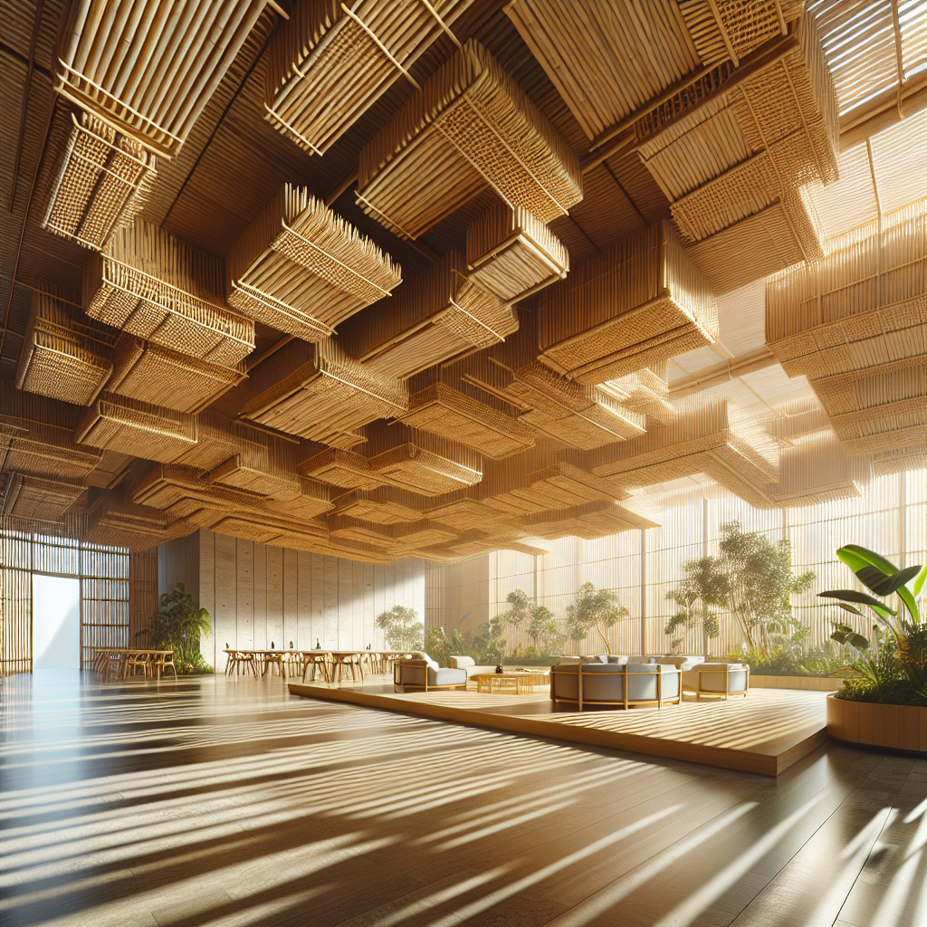 Hyperrealistic sustainable interior with pivot-hinged bamboo ceiling panels, warm sunlight, natural textures, and modern eco-friendly design.