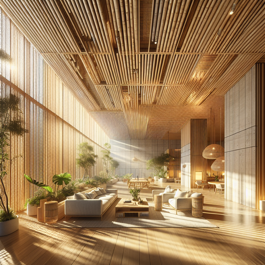 Hyperrealistic sustainable interior with pivot-hinged bamboo ceiling panels, warm sunlight, natural textures, and modern eco-friendly design.