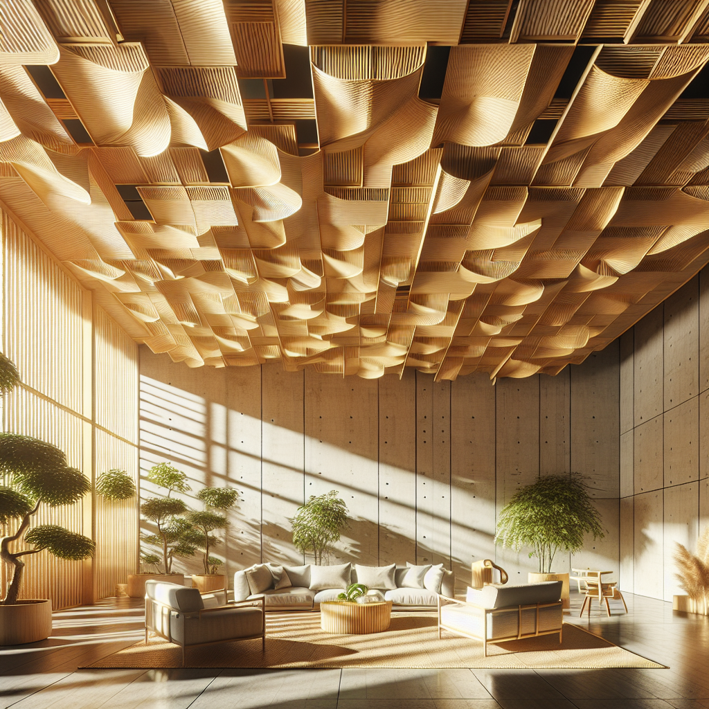 Hyperrealistic sustainable interior with pivot-hinged bamboo ceiling panels, warm sunlight, natural textures, and modern eco-friendly design.