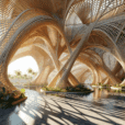Hyperrealistic futuristic bamboo pavilion with parametric arches, woven panels, and sustainable design surrounded by lush tropical greenery.