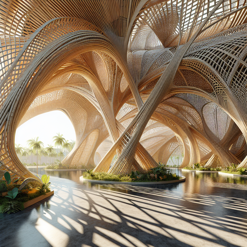 Hyperrealistic futuristic bamboo pavilion with parametric arches, woven panels, and sustainable design surrounded by lush tropical greenery.