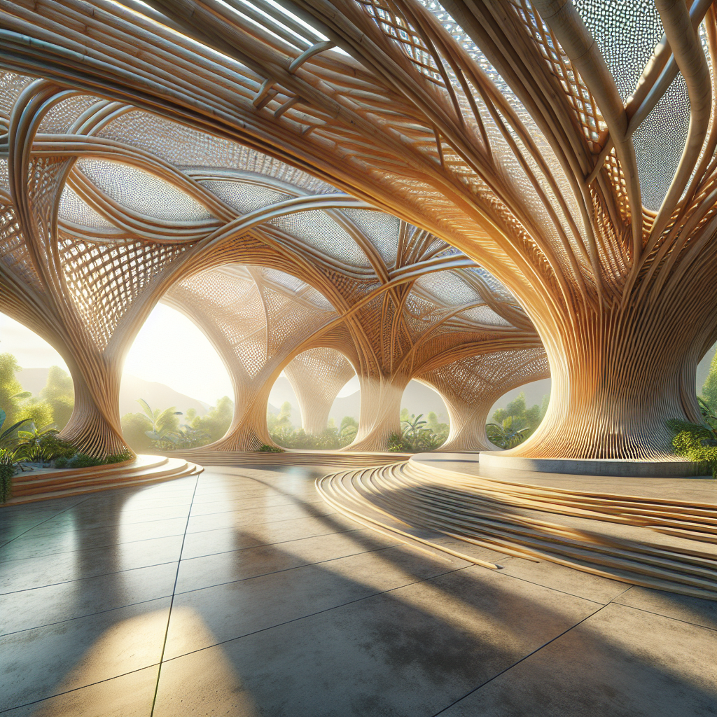 Hyperrealistic futuristic bamboo pavilion with parametric arches, woven panels, and sustainable design surrounded by lush tropical greenery.