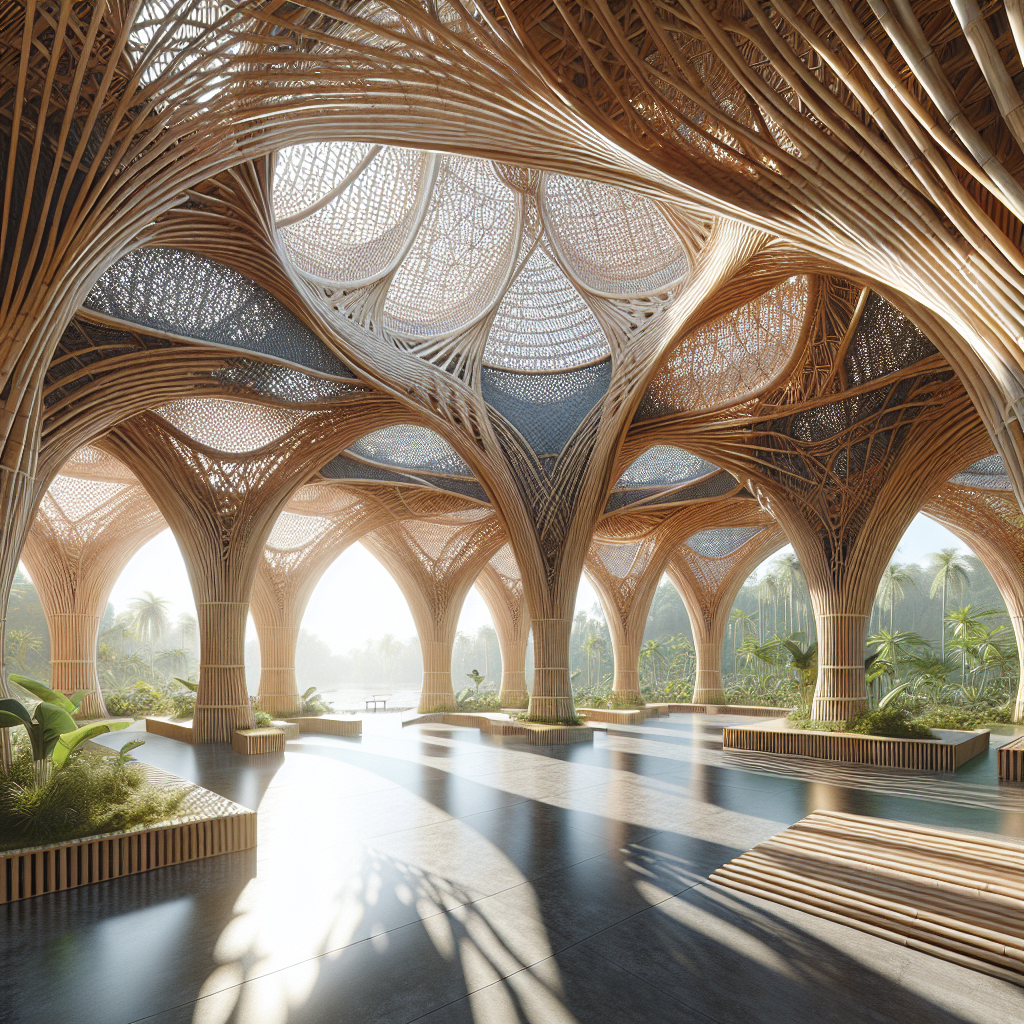 Hyperrealistic futuristic bamboo pavilion with parametric arches, woven panels, and sustainable design surrounded by lush tropical greenery.