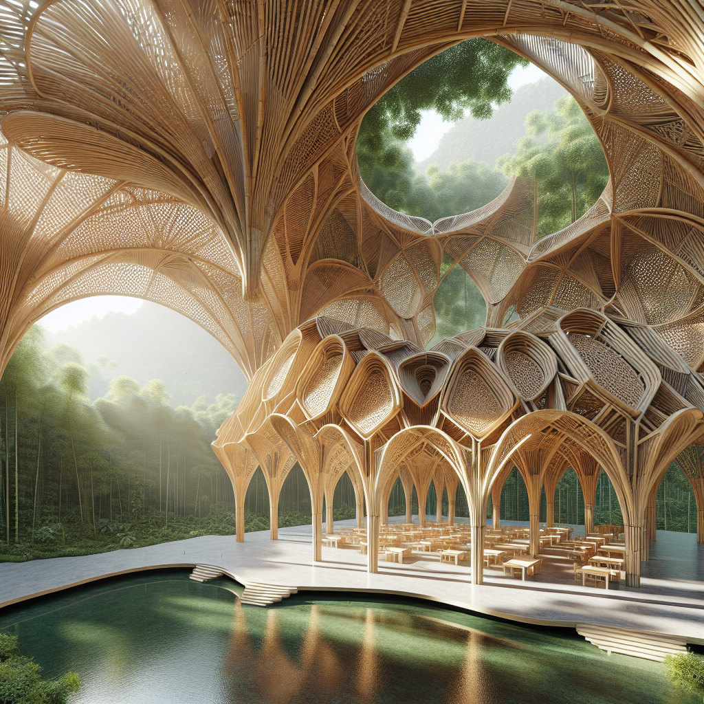 Hyperrealistic futuristic bamboo pavilion with parametric arches, woven panels, and sustainable design surrounded by lush tropical greenery.