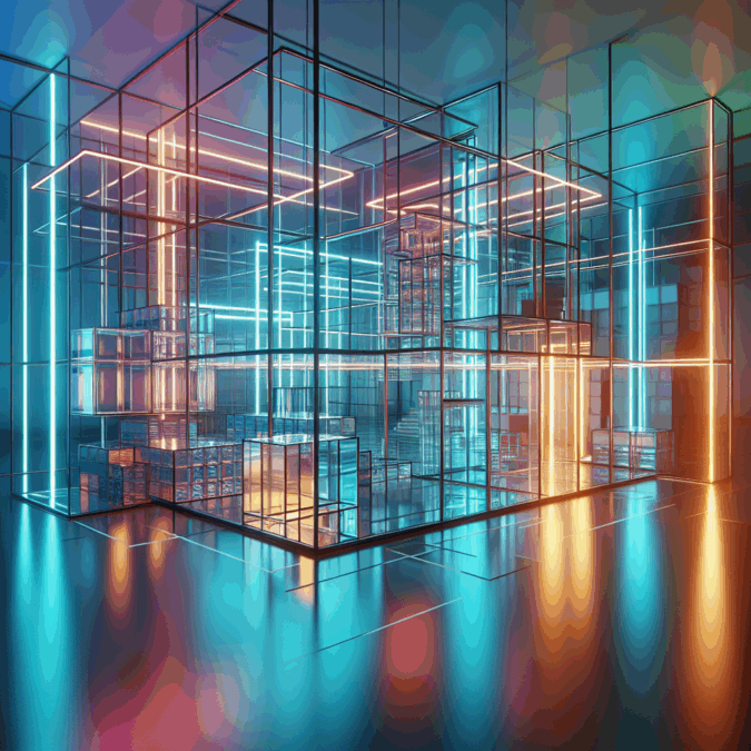 Hyperrealistic Bauhaus-inspired interior with neon geometry, glowing acrylic and metal textures, and radiant cyan-magenta-amber lighting.