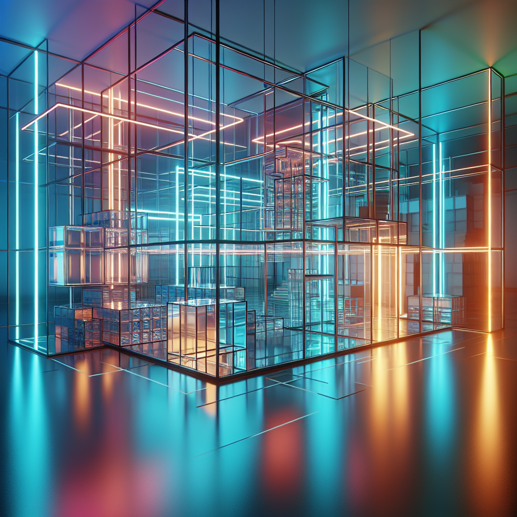 Hyperrealistic Bauhaus-inspired interior with neon geometry, glowing acrylic and metal textures, and radiant cyan-magenta-amber lighting.