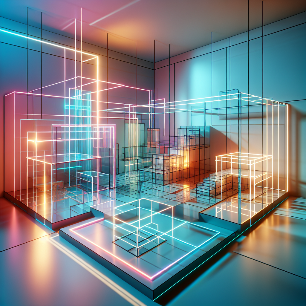 Hyperrealistic Bauhaus-inspired interior with neon geometry, glowing acrylic and metal textures, and radiant cyan-magenta-amber lighting.