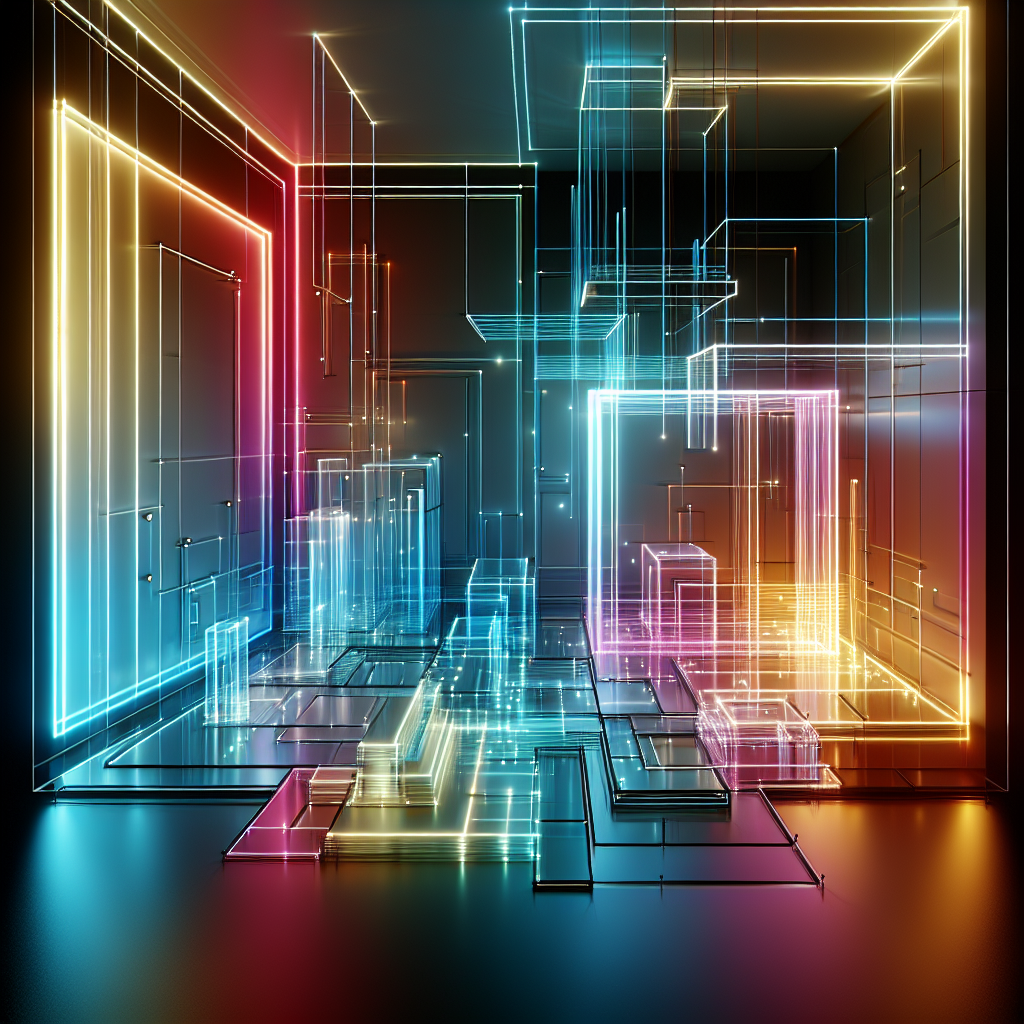 Hyperrealistic Bauhaus-inspired interior with neon geometry, glowing acrylic and metal textures, and radiant cyan-magenta-amber lighting.