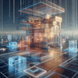 Hyperrealistic digital artwork of a futuristic Bauhaus-in-cyberspace pavilion with geometric shapes, holographic grids, and luminous AI light design.