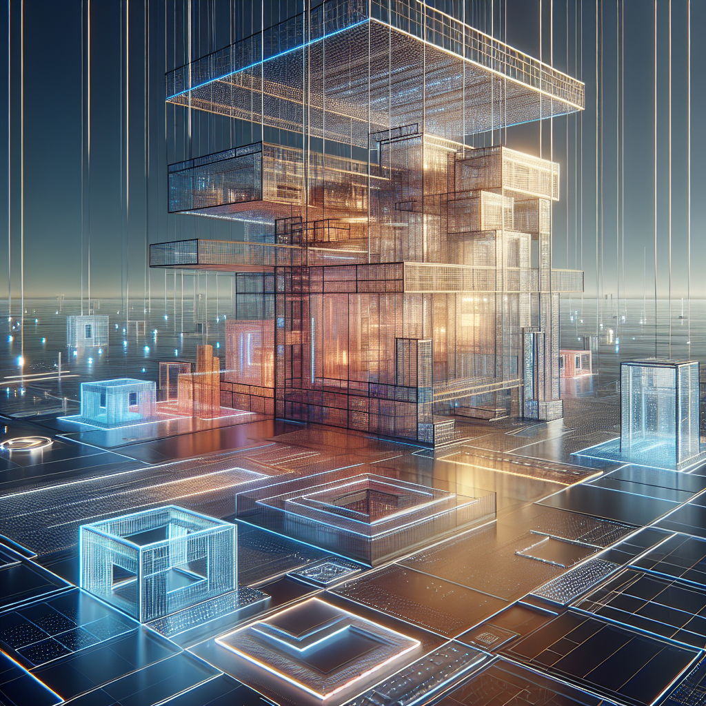 Hyperrealistic digital artwork of a futuristic Bauhaus-in-cyberspace pavilion with geometric shapes, holographic grids, and luminous AI light design.