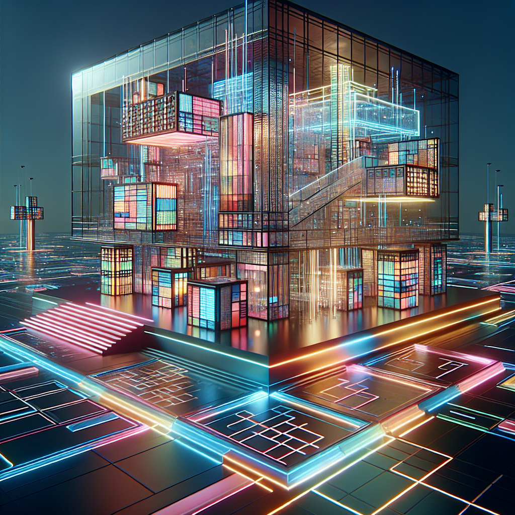 Hyperrealistic digital artwork of a futuristic Bauhaus-in-cyberspace pavilion with geometric shapes, holographic grids, and luminous AI light design.