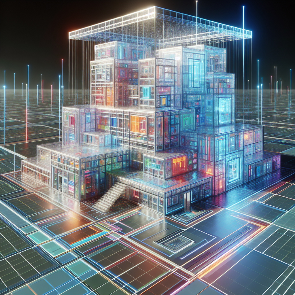 Hyperrealistic digital artwork of a futuristic Bauhaus-in-cyberspace pavilion with geometric shapes, holographic grids, and luminous AI light design.