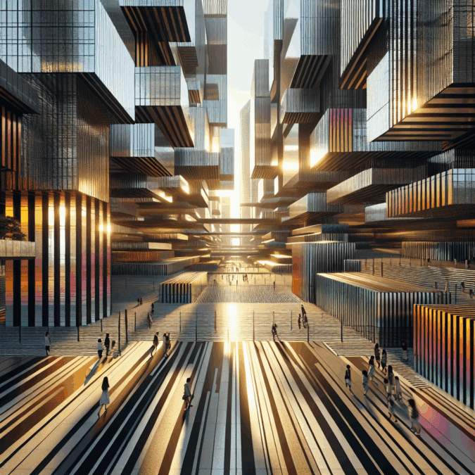 Hyperrealistic futuristic cityscape at golden hour featuring striped urban façades, reflective glass, metallic fins, and dynamic architectural lighting.