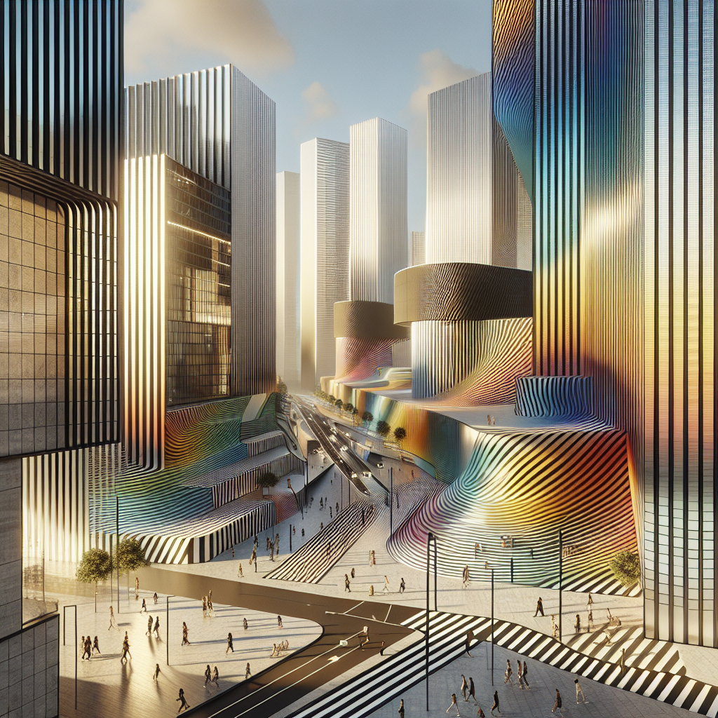 Hyperrealistic futuristic cityscape at golden hour featuring striped urban façades, reflective glass, metallic fins, and dynamic architectural lighting.