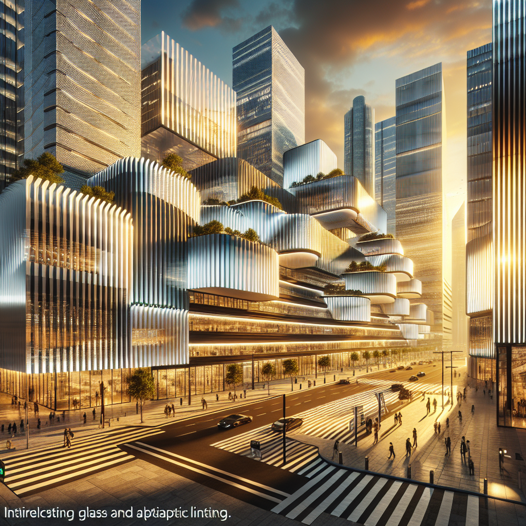 Hyperrealistic futuristic cityscape at golden hour featuring striped urban façades, reflective glass, metallic fins, and dynamic architectural lighting.