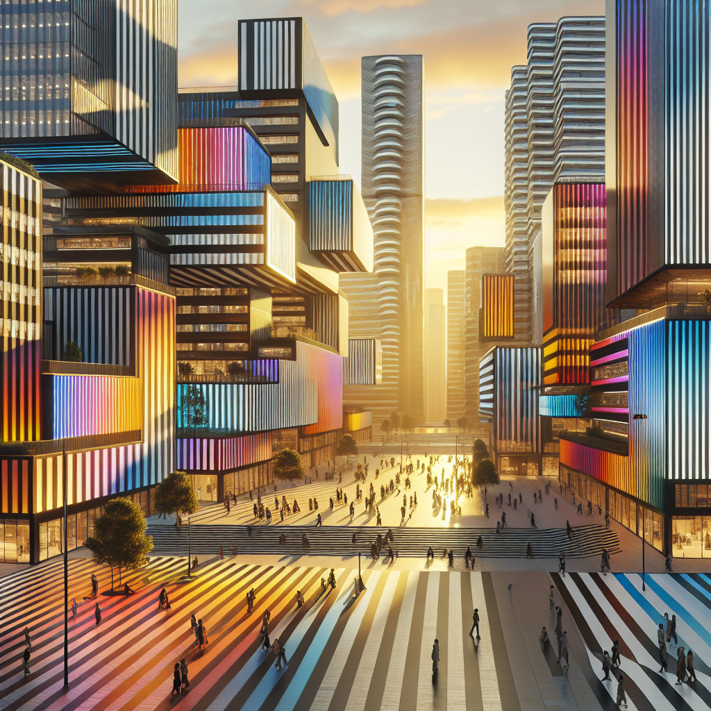 Hyperrealistic futuristic cityscape at golden hour featuring striped urban façades, reflective glass, metallic fins, and dynamic architectural lighting.