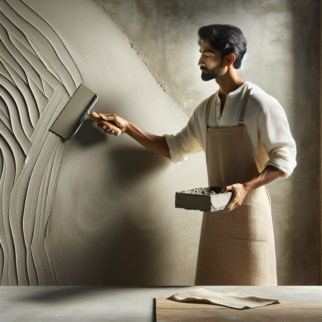 Artisan hand-troweling smooth concrete wall in warm natural light, showcasing handcrafted texture and modern minimalist interior design.