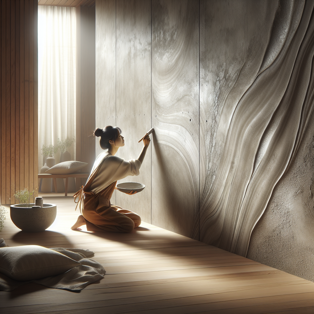 Artisan hand-troweling smooth concrete wall in warm natural light, showcasing handcrafted texture and modern minimalist interior design.