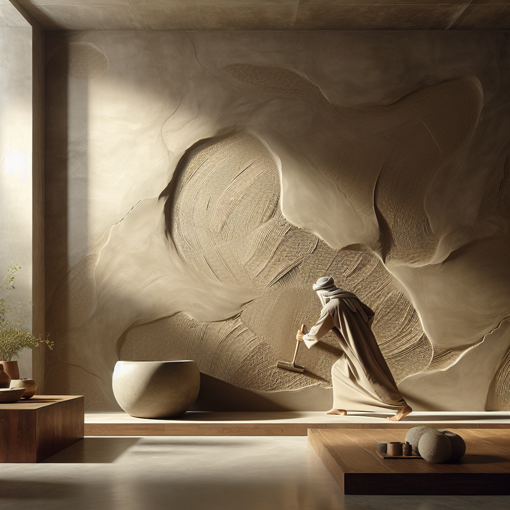 Artisan hand-troweling smooth concrete wall in warm natural light, showcasing handcrafted texture and modern minimalist interior design.