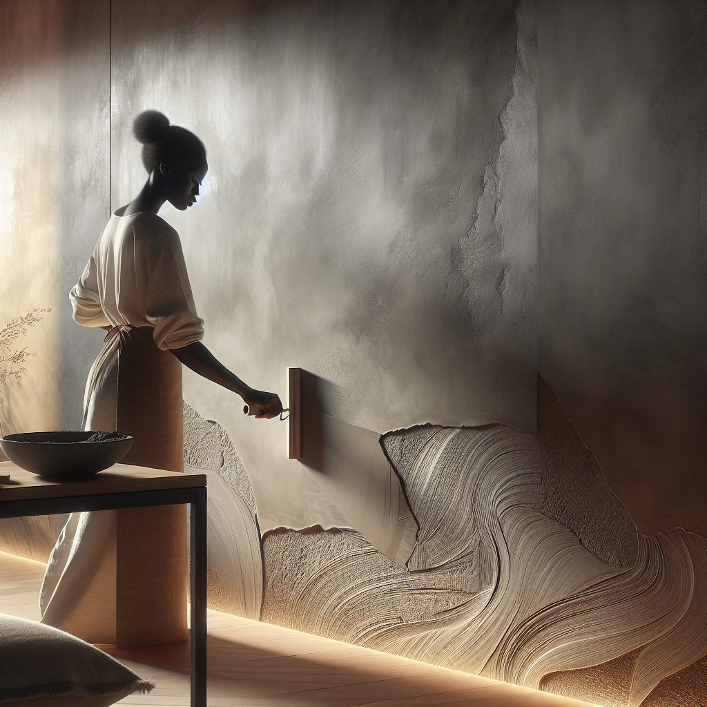 Artisan hand-troweling smooth concrete wall in warm natural light, showcasing handcrafted texture and modern minimalist interior design.