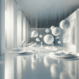 Hyperrealistic kinetic porcelain art in minimalist white gallery with shimmering discs, interactive wave panels, and soft, meditative lighting.