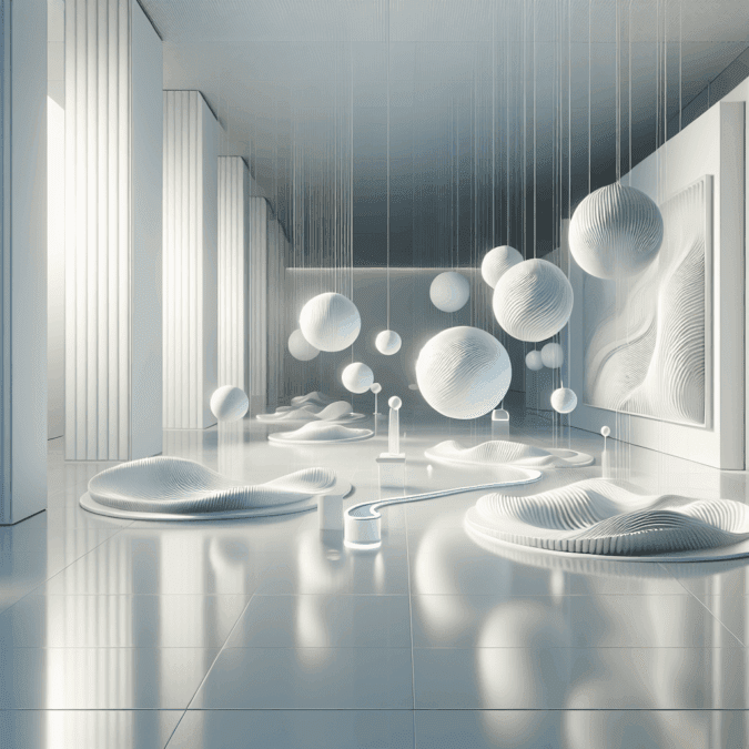 Hyperrealistic kinetic porcelain art in minimalist white gallery with shimmering discs, interactive wave panels, and soft, meditative lighting.