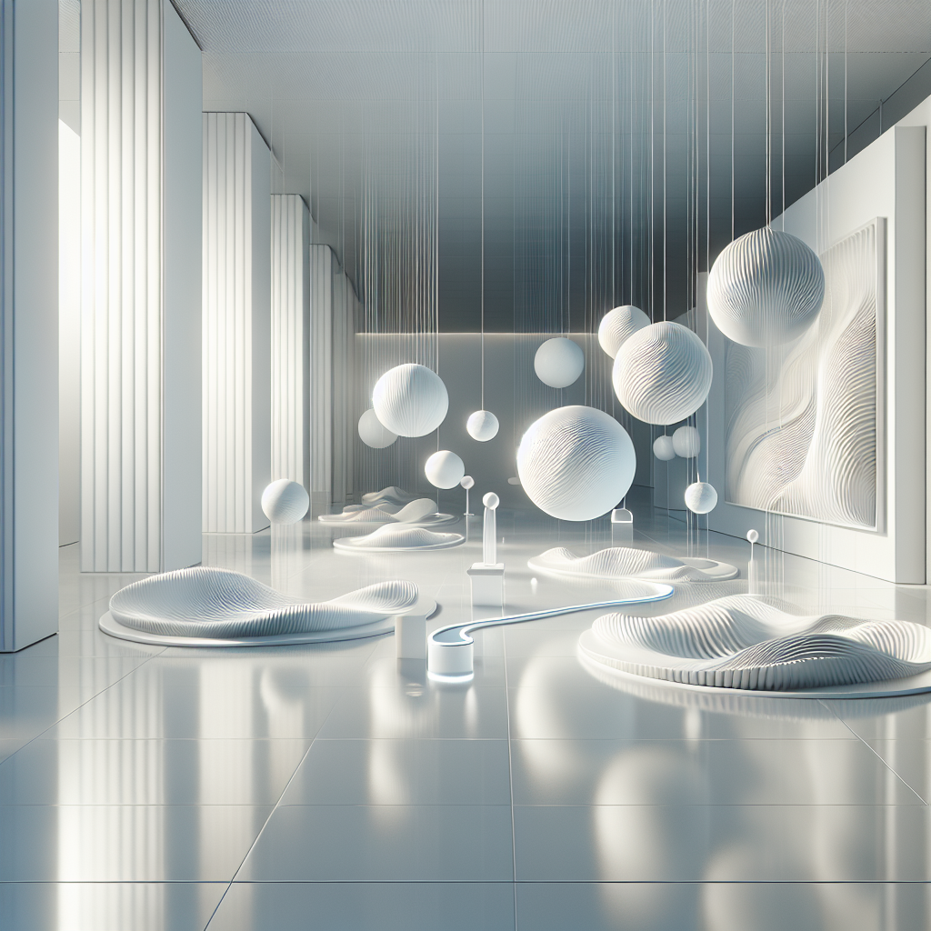 Hyperrealistic kinetic porcelain art in minimalist white gallery with shimmering discs, interactive wave panels, and soft, meditative lighting.
