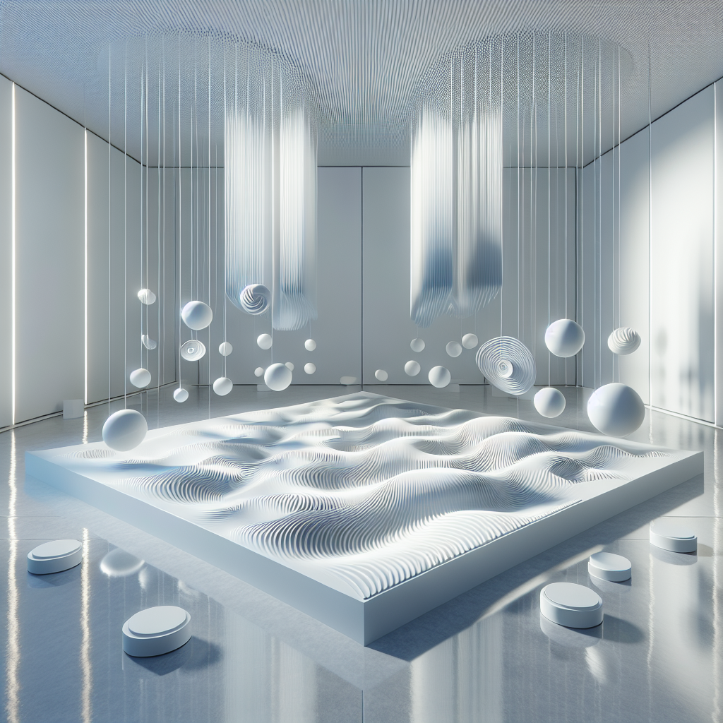 Hyperrealistic kinetic porcelain art in minimalist white gallery with shimmering discs, interactive wave panels, and soft, meditative lighting.