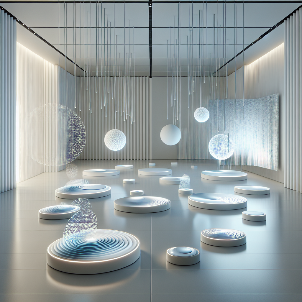 Hyperrealistic kinetic porcelain art in minimalist white gallery with shimmering discs, interactive wave panels, and soft, meditative lighting.