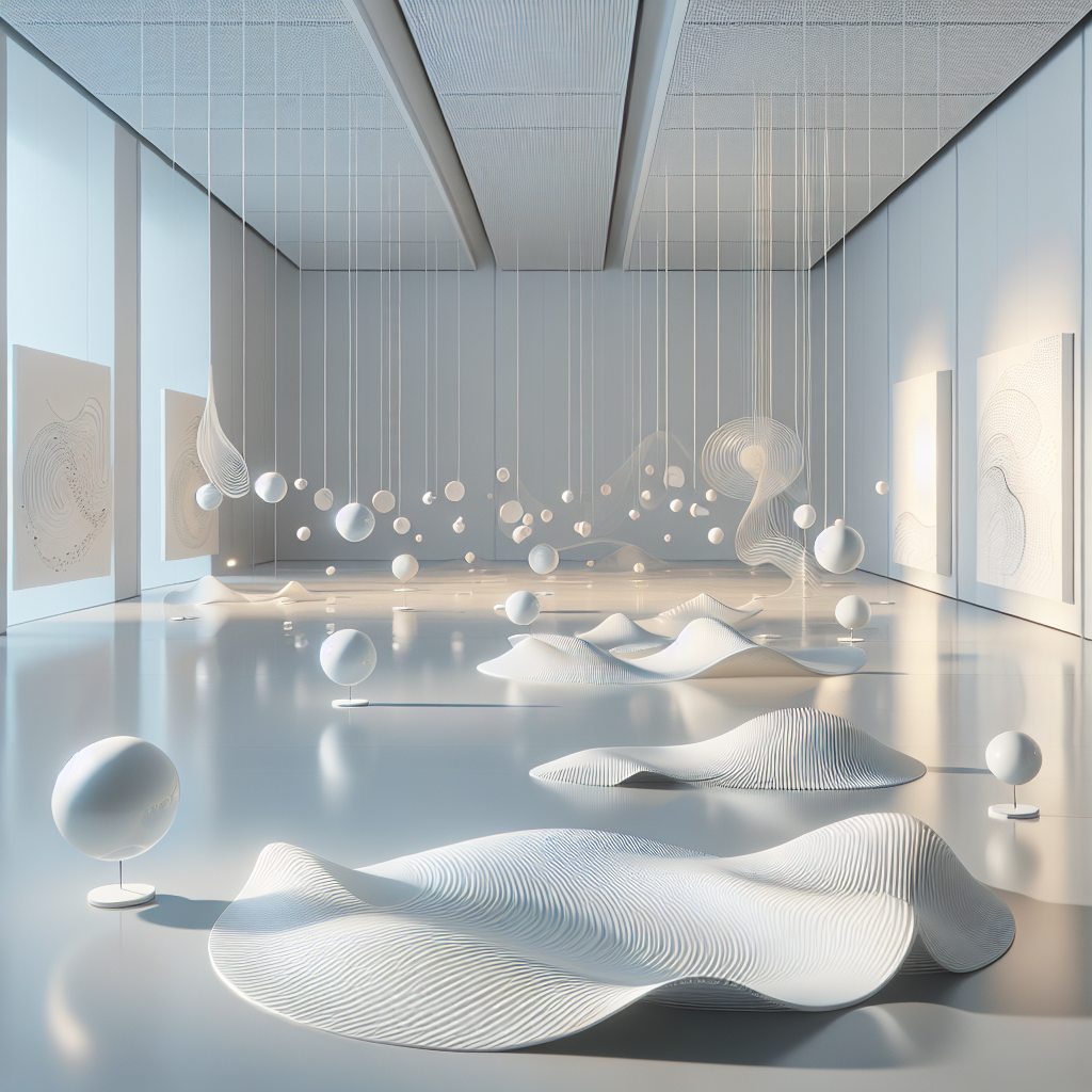 Hyperrealistic kinetic porcelain art in minimalist white gallery with shimmering discs, interactive wave panels, and soft, meditative lighting.