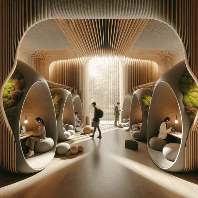 Hyperrealistic futuristic office quiet zone with acoustic pods, timber slats, moss walls, biophilic textures, soft daylight, and ergonomic spaces.
