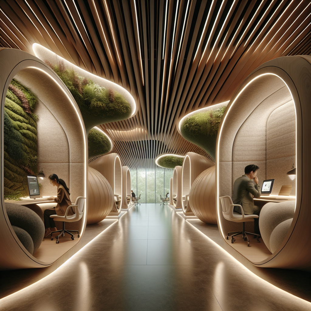 Hyperrealistic futuristic office quiet zone with acoustic pods, timber slats, moss walls, biophilic textures, soft daylight, and ergonomic spaces.