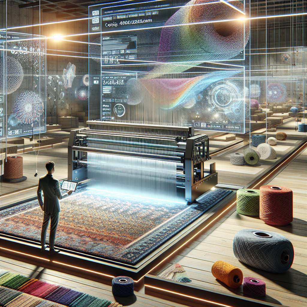 Hyperrealistic modern design studio with futuristic digital loom weaving glowing geometric rug, blending traditional craft, technology, and sustainability.