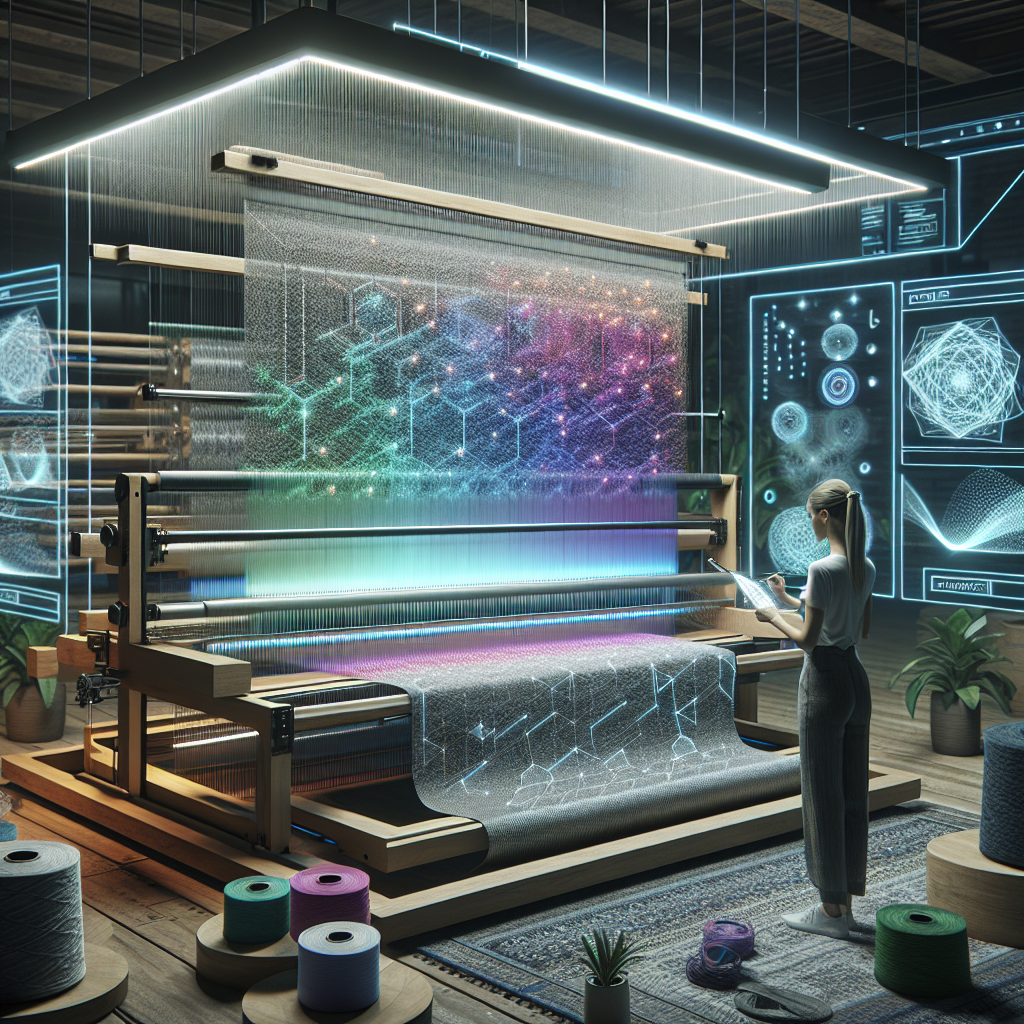 Hyperrealistic modern design studio with futuristic digital loom weaving glowing geometric rug, blending traditional craft, technology, and sustainability.