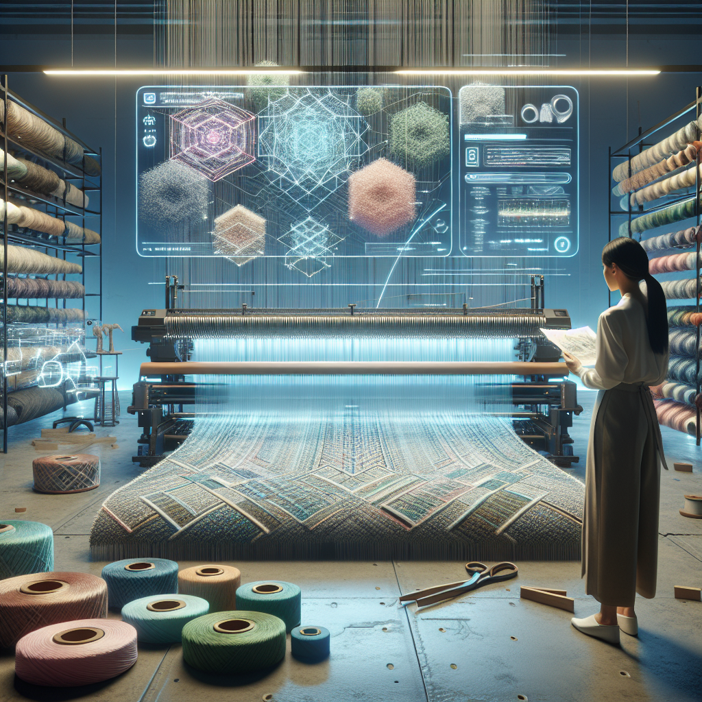 Hyperrealistic modern design studio with futuristic digital loom weaving glowing geometric rug, blending traditional craft, technology, and sustainability.