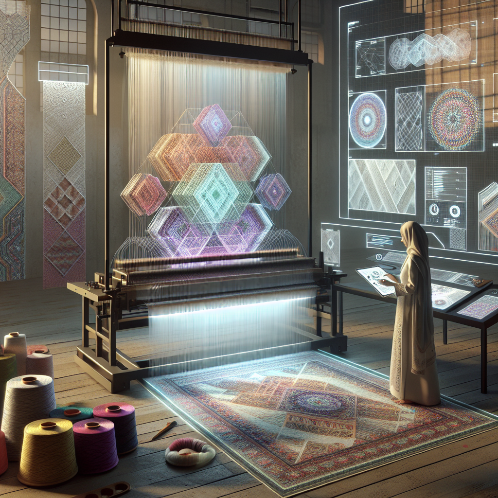 Hyperrealistic modern design studio with futuristic digital loom weaving glowing geometric rug, blending traditional craft, technology, and sustainability.