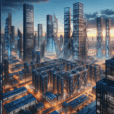 Hyperrealistic futuristic cityscape at dusk with exoskeletal skyscrapers, glowing skyline, metallic frameworks, and foggy aerial reflections.