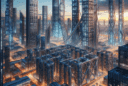 Hyperrealistic futuristic cityscape at dusk with exoskeletal skyscrapers, glowing skyline, metallic frameworks, and foggy aerial reflections.