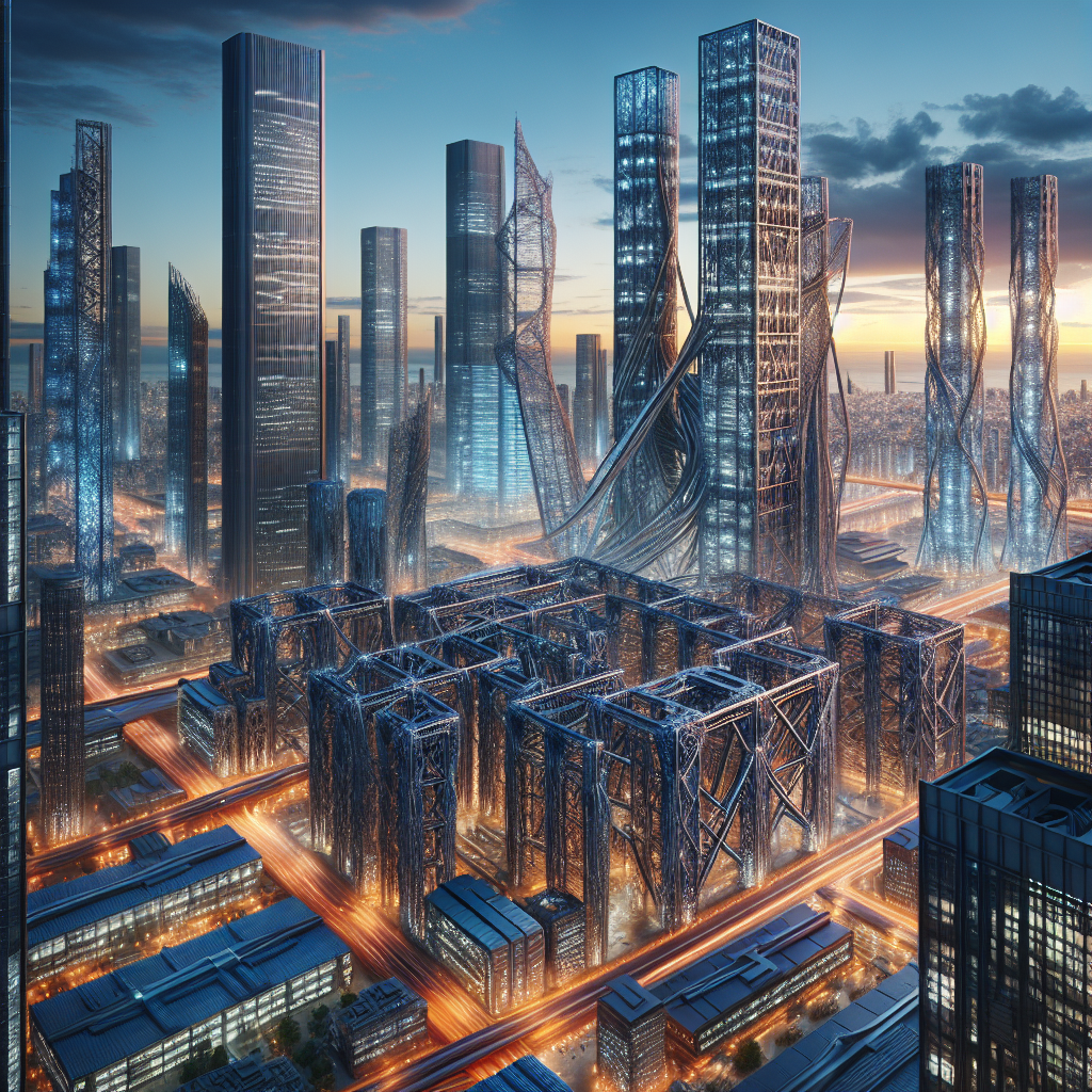 Hyperrealistic futuristic cityscape at dusk with exoskeletal skyscrapers, glowing skyline, metallic frameworks, and foggy aerial reflections.