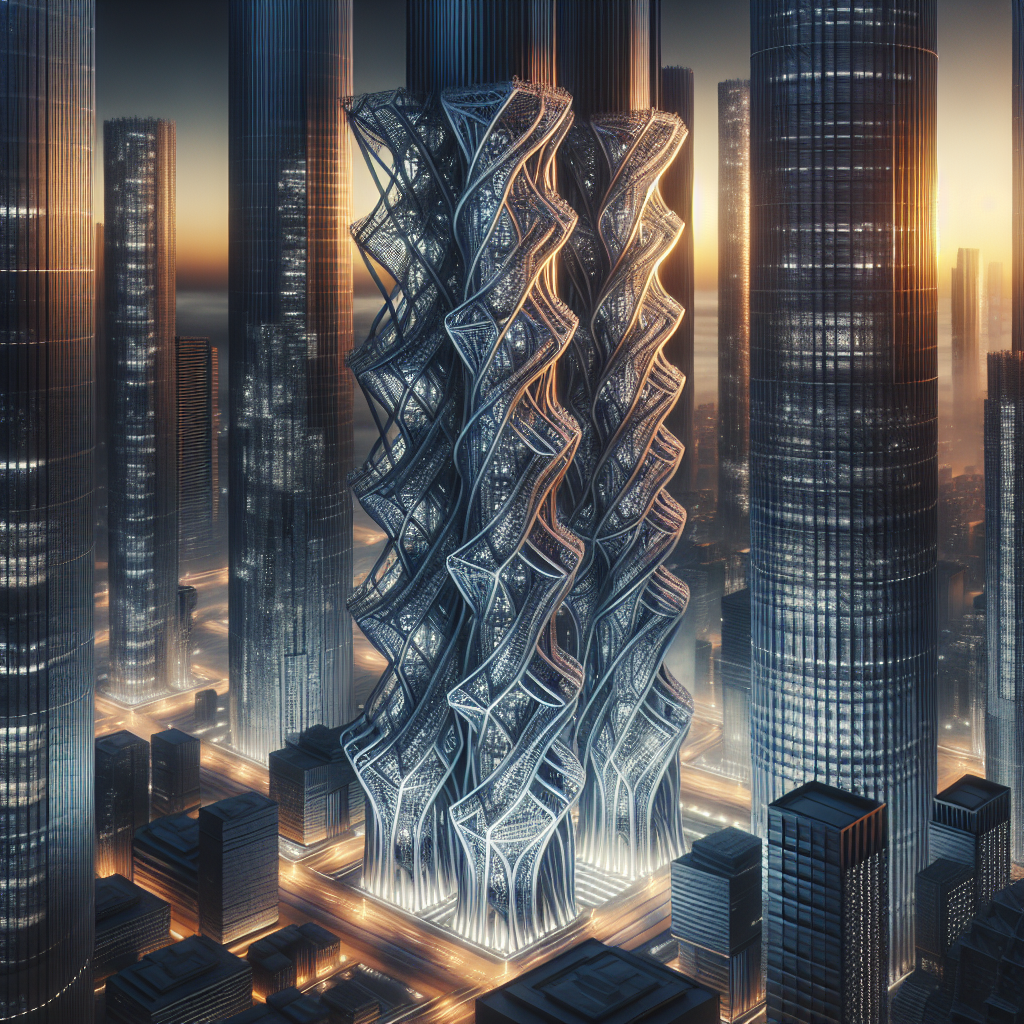 Hyperrealistic futuristic cityscape at dusk with exoskeletal skyscrapers, glowing skyline, metallic frameworks, and foggy aerial reflections.