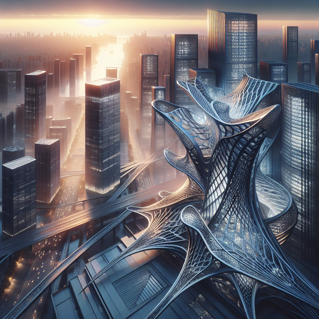 Hyperrealistic futuristic cityscape at dusk with exoskeletal skyscrapers, glowing skyline, metallic frameworks, and foggy aerial reflections.
