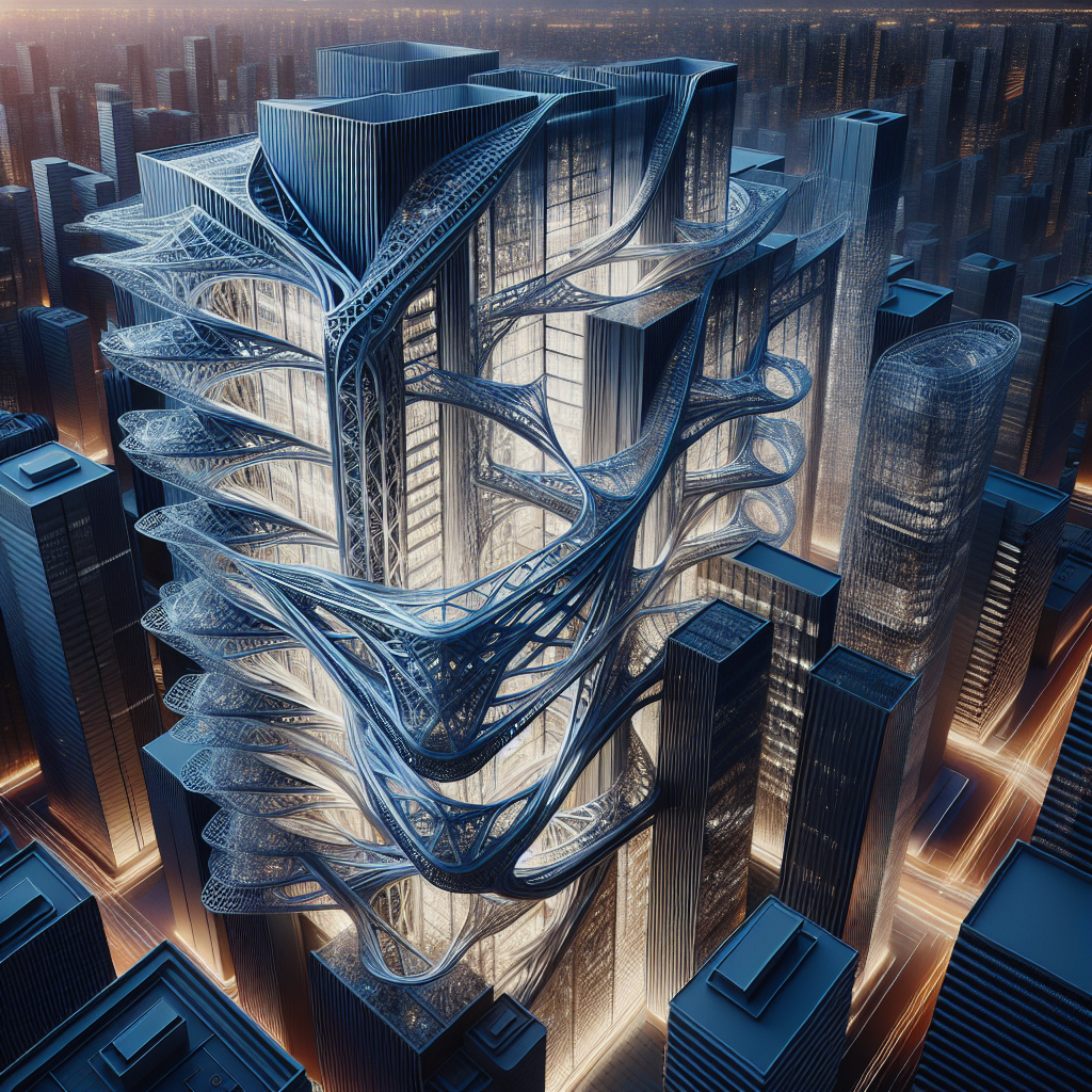 Hyperrealistic futuristic cityscape at dusk with exoskeletal skyscrapers, glowing skyline, metallic frameworks, and foggy aerial reflections.