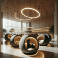 Hyperrealistic modern reading lounge with floating pods, warm lighting, greenery, and a person reading in a serene luxury interior.