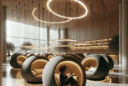 Hyperrealistic modern reading lounge with floating pods, warm lighting, greenery, and a person reading in a serene luxury interior.