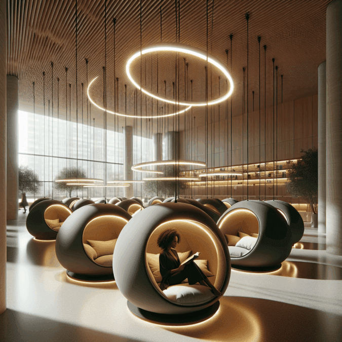 Hyperrealistic modern reading lounge with floating pods, warm lighting, greenery, and a person reading in a serene luxury interior.