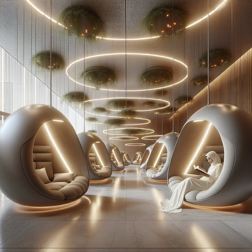 Hyperrealistic modern reading lounge with floating pods, warm lighting, greenery, and a person reading in a serene luxury interior.
